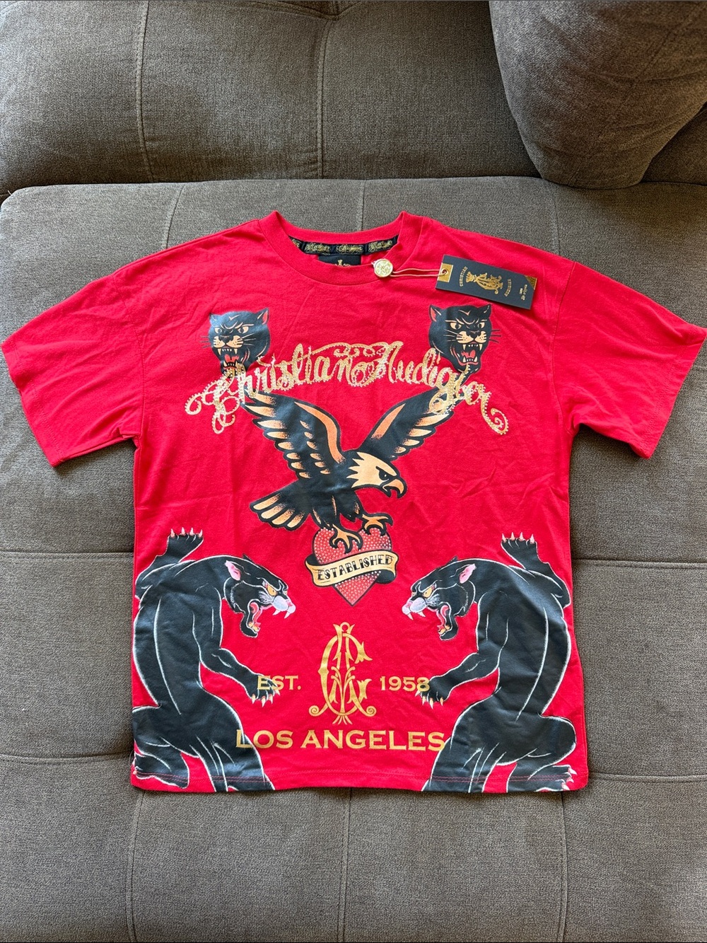 Christian Audigier Red Graphic Eagle & Panther Short Sleeve Tee